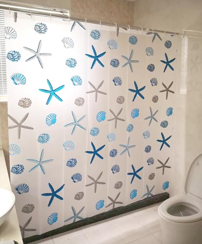 Whoiy Duschvorhang Seesterne & Muscheln Gedruckt Halbtransparent 180 x 180 für Badewanne, Shower Curtains peva Mehrfarbig mit Muster Anti Schimmel Badewannenvorhang mit Duschvorhangringe