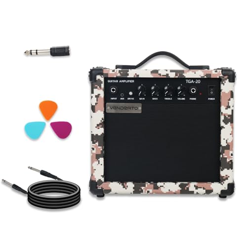 Electric Guitar Amplifier Camo Pixel Color 20W Guitar Amp Portable Practice 6.5Inch Speaker Input Jack Aux Drive Gain Bass Treble Volume Headphone Multi Function Suitable for Beginner Starter
