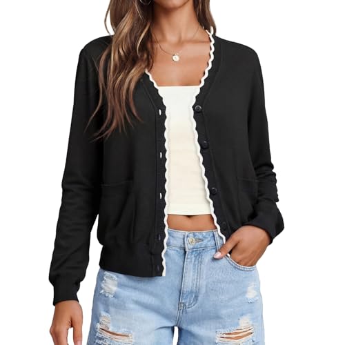 AGSEEM Womens Cardigan Sweaters Long Sleeve V Neck Lightweight Button Up with Pockets Knit Open Front Sweater, Black and White, Medium