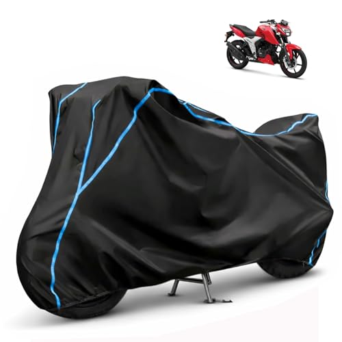 Image of Compatible with TVS Apache RTR 160 4V Waterproof Two Wheeler Bike Body Cover Water Resistant, Heavy Duty, UV Rays, Dust & Scratch Protection for All-Modal & Variants (Black,Sky Blue Piping)