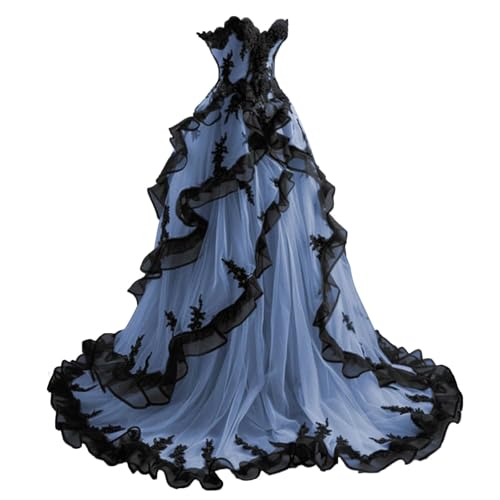 Mouccy Gothic Black Lace Wedding Dresses for Bride Strapless Tulle Bridal Gowns with Train A-line Wedding Gown with Ruffles4