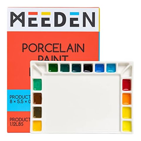 MEEDEN 18-Well Porcelain Artist Paint Palette, Mixing Art Ceramic Watercolor Paint Palette for Watercolor Gouache Acrylic Oil Painting, Rectangle 8 by 5-1/2-Inch Cover