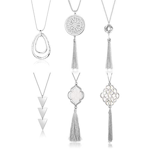 FINREZIO 6PCS Long Pendant Necklace Set Circle Knot Tassel Y Strands Necklace Statement Necklace for Women (Style C: Silver Tone)