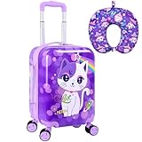 Lightweight Hardshell Spinner Suitcase Set for Kids 2PCS with Wheels - Airplane Approved Carry-On Luggage for Girls& Children Ages 3-10, Purple Cat Rolling Suitcases for Elementary Toddler Travel