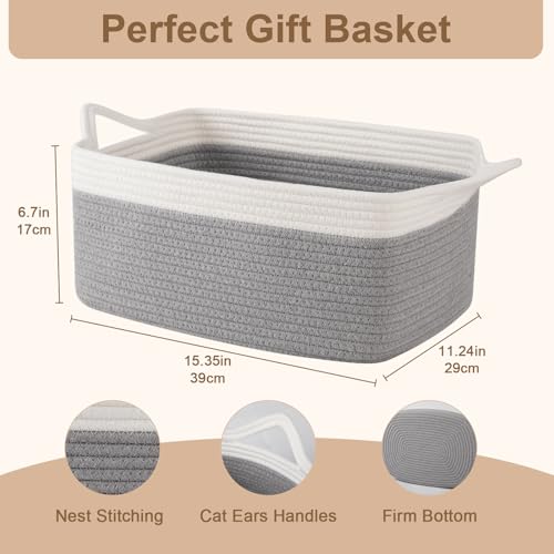 Image of OIAHOMY 19L Woven Basket, Gift Basket Empty with Gift Bags and Ribbons, Rope Baskets for Baby Showers, Storage Baskets with Handles for Nursery, Pet Toy Organizer - Grey & White