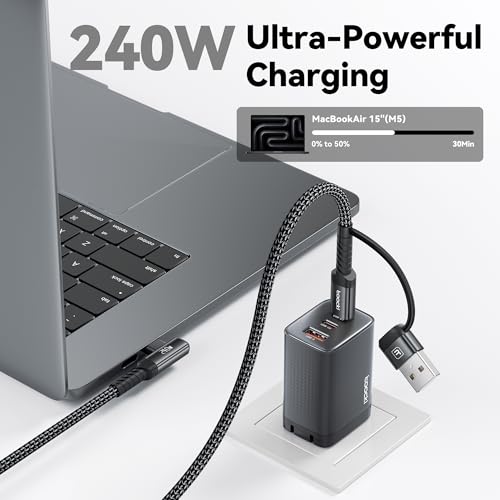 240W USB C to USB C Cable 10FT [2-Pack], 2-in-1 Right Angle PD 3.1 Fast Charging Cord, USB-A & C Dual-Input for iPhone 17/16/15 Pro, MacBook Pro, iPad, Samsung Galaxy S26/S25-Black by toocki - Image 2