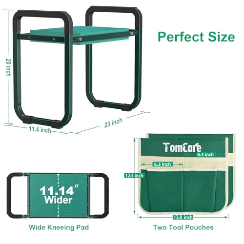 Image of TomCare Garden Kneeler and Seat 11.14 inch Wider Larger Soft Kneeling Pad Garden Bench with 2 Large Tools Pouches Heavy Duty Foldable Garden Stool Gardening Gifts for Women Men Gardeners Seniors, Green