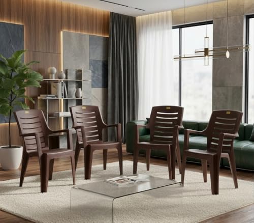 Image of Plastic Chair Set of 4 for Home & Outdoor Use | Heavy Duty Comfortable Chair with Strong Legs | Easy to Clean | Suitable for Living Room, Balcony (Pack of 4-Maxim | Brown)