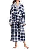 Latuza Women's Plaid Flannel Robe Long Cotton Bathrobe with Pockets M Blue