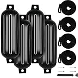 VEITHI Large Boat Fenders 4 Pack 8.5 x 27 inch,Ribbed Twin Eyes Vinyl Boat Bumpers Fenders,Boat Bumpers for Docking Come with Ropes Needles and Pump to Inflate,Pontoon Boat Fenders for Docking - Black