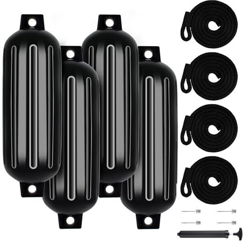 VEITHI Large Boat Fenders 4 Pack 8.5 x 27 inch,Ribbed Twin Eyes Vinyl Boat Bumpers Fenders,Boat Bumpers for Docking Come with Ropes Needles and Pump to Inflate,Pontoon Boat Fenders for Docking - Black
