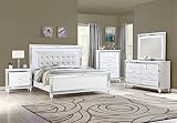 King 5 PC LED Bedroom Set - White Wood Furniture with Crystal Tufted Bed & Mirror Accents