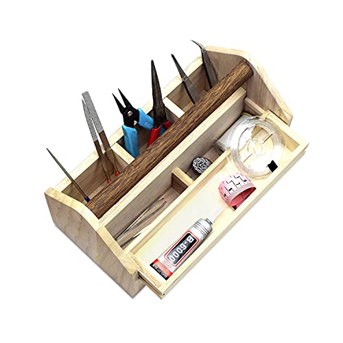 Image of Ikee Design Small Natural Wood Color Wooden Craft Tool Box Caddy with a Handle for Storage Tool, Makeup, Collections with 5 Compartments for Storage and Organizing, 10 W x 5.1 D x 3.5 H in