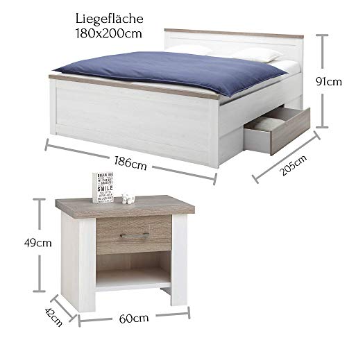 LUCA Stilvolle Bettanlage 180 x 200 cm mit 2x Nachtkommoden & 2x Bettkästen - Schlafzimmer Komplett-Set in Pinie Weiß / Trüffel - 186 x 91 x 205 cm (B/H/T) – Bild 7