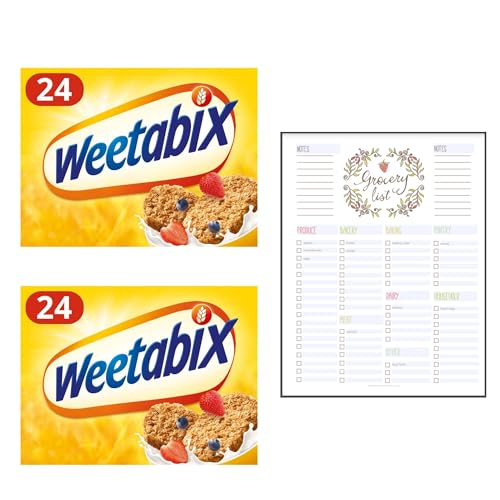 Wholegrain Wheat Biscuits Bundle which Contains Weetabix Cereal 24 Per Pack - Pack of 2 with Grocery List Card
