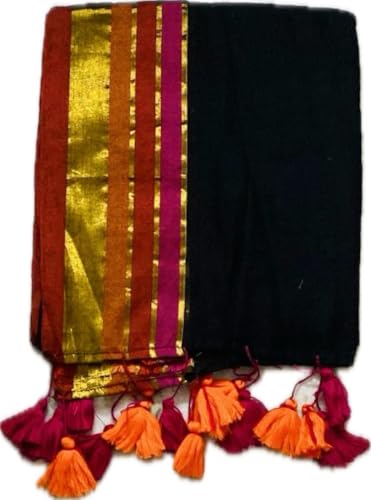 Image of Women's Mul Cotton Saree with Tassels | Soft Mulmul Saree | Woven Stripes & Zari Line | 5.5 Metres - Without Blouse