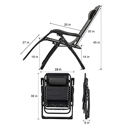 Oversized Zero Gravity Chair, Lawn Recliner, Reclining Patio Lounger Chair, Folding Portable Chaise, with Detachable Soft Cushion, Cup Holder, Adjustable Headrest, Support 500 lbs. (Black Cushion)
