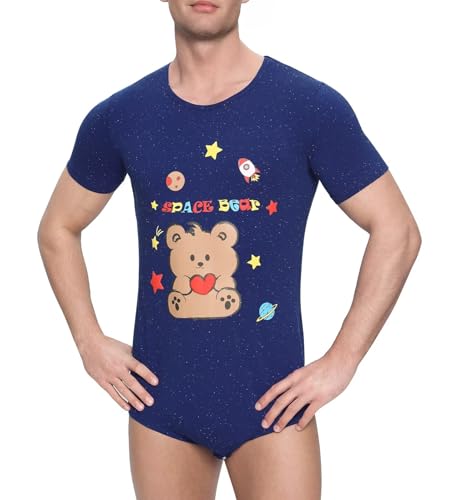 Mens Onesie Short Sleeve Bodysuit Puff Print Romper Pajamas - Space Bear4