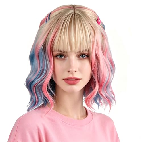 COSPLAZA Female Werewolf Short Curly Colorful Blonde Pink Enid Wig Role Play Dress Up Fashion Cosplay Wig Side Parted with Bangs High Temperature Heat Resistant Fiber + 2 Hairpins