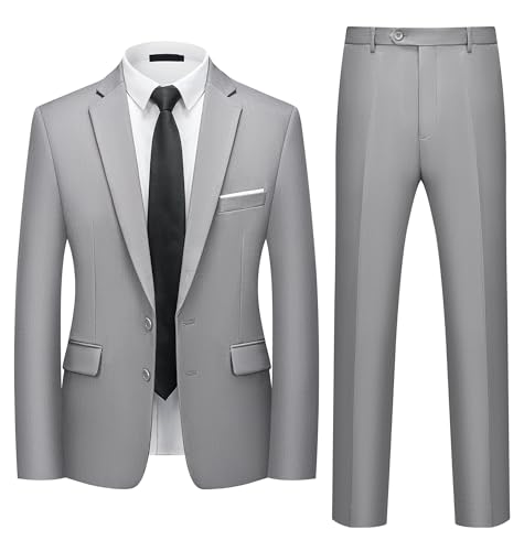 Traje Hombre 2 Piezas Slim Fit Traje Hombre Elegante 2 Botones Chaqueta Pantalón Traje Formal Business Oficina Boda Evento Fiesta Trabajo Clásico Moderno Smoking Gris Claro XXL