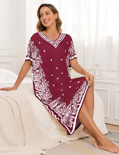 Image of Bloggerlove Women's Caftan Nightgown with Pockets, Long House Dress | Half Sleeve, Kaftan, Mumu Dress, Sleepwear, V-Neck, Full Length, Lounge Dress, 2 Side Pockets