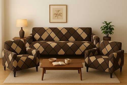 Image of Gorgeous Printed | Fully Covered, Stretchable & Non-Slip Elastic Slipcover Protector Sofa Cover (Brown Check, 5 Seater (3+1+1) Sofa Cover)