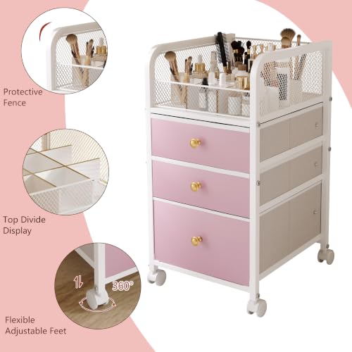 Image of Rolling Makeup Vanity Cart, Makeup Organizer with Drawers, Rolling Makeup Bathroom Storage Cart, Cosmetic Vanity Display Cases Holder for Nail Polish Brush Hair Tool (Pink)