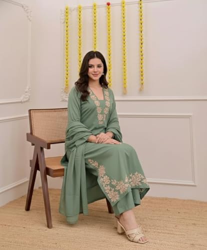 Image of ANNI Designer Pure Cotton Embroidered Kurta Set for Women | Rust Orange Kurta with Pants & Dupatta | Floral Neck & Hem Embroidery | Cotton Kurta Set for Women | 10 Colour Options Available