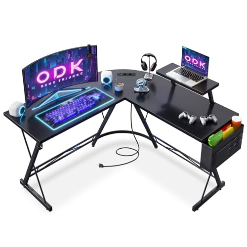 ODK Mesa Gaming con 2 Enchufes y 2 Puertos USB, Escritorio Gaming con Esquinas Redondeadas y Soporte para Monitor, Escritorio para Computadora Negro 127 x 127 cm