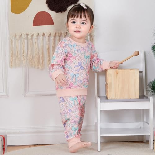 Baby Girl Fall Winter Outfits Toddler Clothes Long Sleeve Bow Printed Crewneck Sweatshirt + Pants Set3