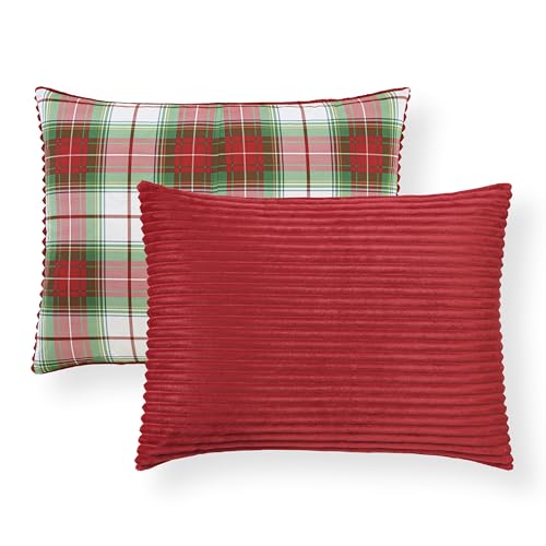 Image of Martha Stewart - King Comforter Set in Red, Reversible, Cute, Wide Corduroy Plaid Bedding Set - 3 Pieces - All Seasons, Lightweight, Fluffy with 1 Comforter, 2 Pillow Shams,