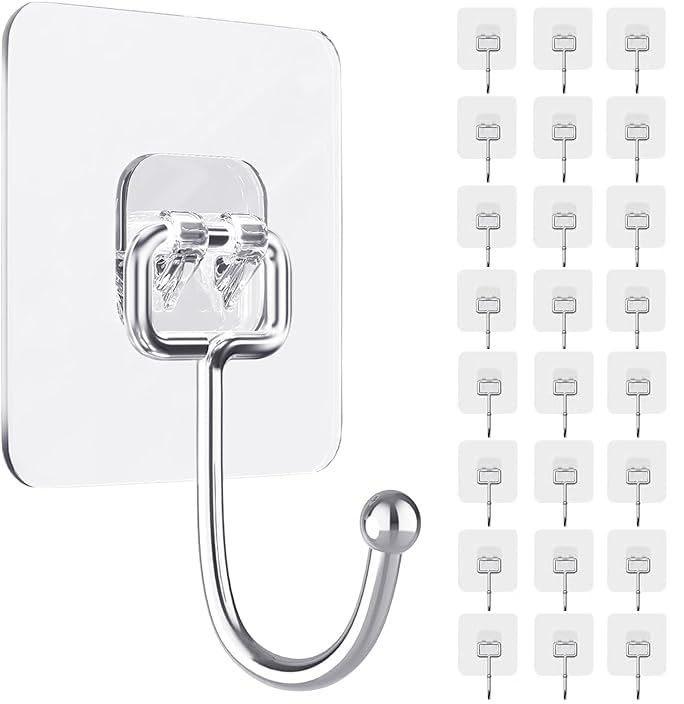 Adhesive Wall Hook, Set Heavy-Duty Thickened self-Adhesive Hook，24Pcs，44lb max Loading，Transparent, Waterproof, Bathroom, Outdoor, Kitchen, Doors, Practical Tools.