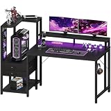JUMMICO Escritorio Gaming 140 x 70 cm con regleta y Tira LED | con Espacio de Almacenamiento de 2 cajones, Soporte para Monitor, Panel Perforado Lateral, Gancho para Auriculares, Negro