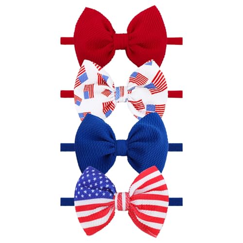 Image of Lanmerry 4th of July Baby Headband Set - Patriotic Hair Bows and Nylon Headband for Newborns and Toddler Girls - 4Pcs Red American Flag Design