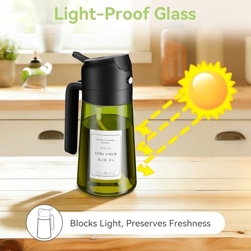 USLAI Oil Sprayer for Cooking, 16oz/470ml 2 in 1 Glass Olive Oil Dispenser Bottle for Kitchen, Air Fryer, BBQ and Salad - Green — view 3