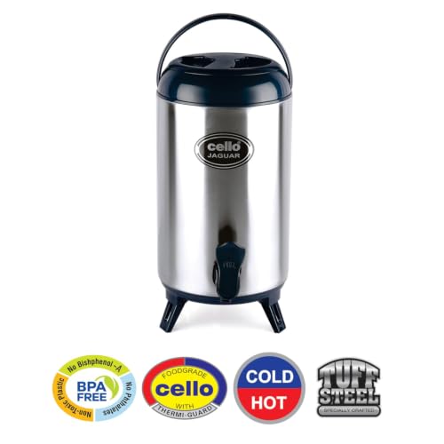 Image of CELLO Jaguar Vacuum Insulated Thermos Water Jug for Kitchen 4 Litre Blue | Easy to Fill & Clean Wide Mouth, Press and Pour Tap Double Wall Hot and Cold Stainless Steel Water Jug for Picnic and Office