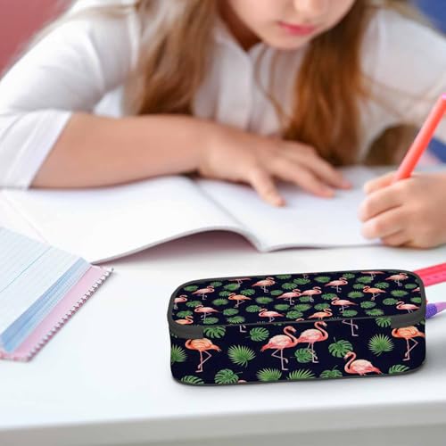 Image of Pink Flamingo Pencil Bag Green Leaves Bird Dot Dark Blue Big Capacity Pencil Case Pencil Pouch Pen Bag School Students Boy Girl
