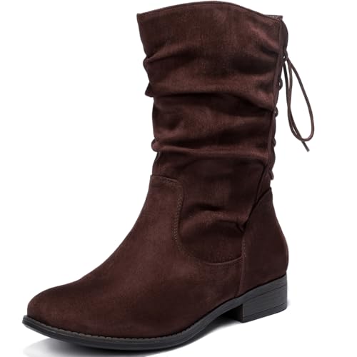 Luoika Women's Wide Width Ankle Boots - Low Heel Side Zipper Slouchy Mid Calf Boots Short Booties. 231205 BrownMF 8.5XW