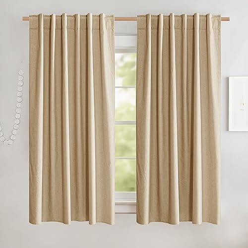 NICETOWN 100% Blackout Linen Curtains 63" L Faux Linen 2 Panels Camel