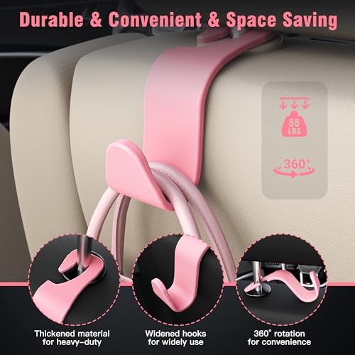 Image of 4-Pack Car Headrest Hooks Holds 55lbs Seat Storage Organizer for Bags | Durable ABS Material, 360 Rotating, Car Hanger for Backpack Umbrella Water Bottle Coat Purses Handbags Groceries, Pink