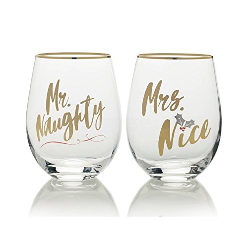 Creative Tops Mikasa 'Celebrations' Christmas Stemless Wine Glasses with Festive Mr Naughty andMrs Nice Prints, 468 ml, Set of 2, Clear/Gold