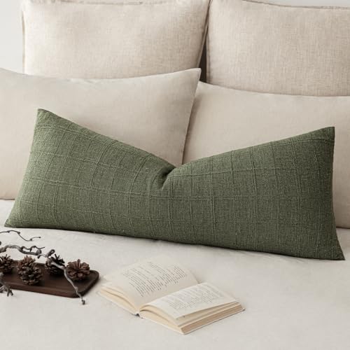 Image of Foindtower Set of 1 Decorative Linen Check Throw Pillow Cover Neutral Long Body Lumbar Cushion Cover Farmhouse Vintage Boho Home Decor for Sofa Chair Couch Bedroom Living Room,14x36 Inch,Olive Green