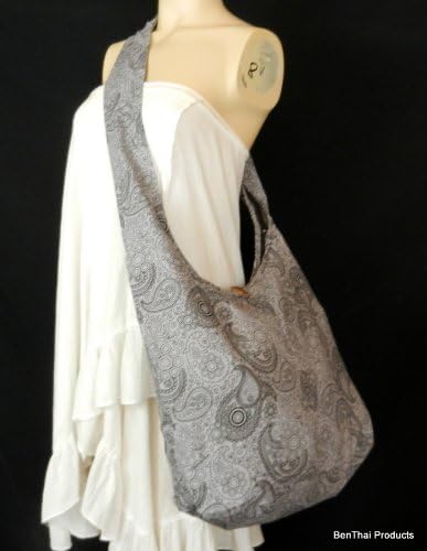 BTP! Thai Monk Buddha Cotton Sling Bag - Grey Hobo Messenger Crossbody Purse, 19x13 Inches, 42" Strap