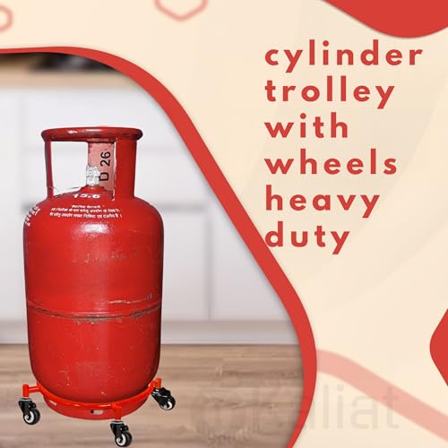 Image of Gas Cylinder Trolley with Wheels - Red | Heavy Duty Stainless Steel LPG Cylinder Stand | 360 Smooth Rolling Double Bearing Casters | Rust Resistant Cylinder Holder for Kitchen & Home