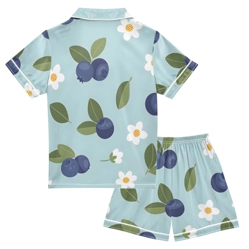 Satin Pajama Sets Short Sleeve Blueberry Flower Leaf Pattern Button Down Silky Nightwear 2 Piece PJS 5-14Y2