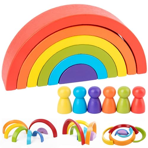 12 Piezas Arco Iris Madera, Arco Iris Bloques Construcción Madera, Arcoiris Montessori, Juguetes Montessori, Puzzle Rompecabezas Geometría Bloques de Construcción Juguetes Educativos Niños 6-12 Meses