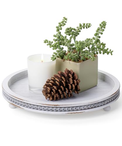 Bamboo Land- Round Decorative Trays for Coffee Table, 12', Light Gray, Wood Tripod...