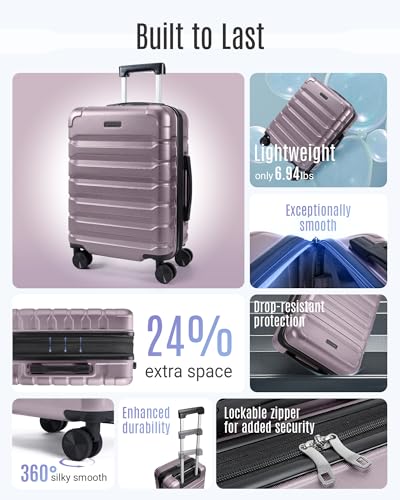 Image of LIGHT FLIGHT Carry On Luggage 22x14x9 Airline Approved, Expandable Carry On Suitcases with Wheels, Lightweight Luggage, Durable Hard Shell 20 Inch Rolling Suit Case for Men Women Travel,Rose Purple