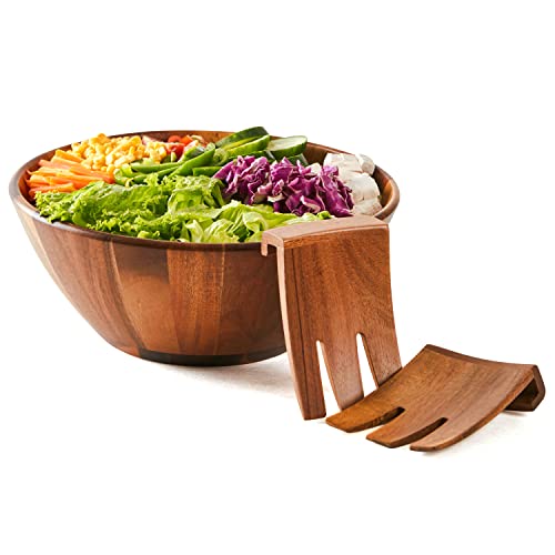 Freshy Chef Wooden Salad Bowl - 3 Piece Set - Large Acacia Wood Salad Bowl With Serving Hands - Handmade With Natural Wood -Also Works As Fruit Holder #TOP7
