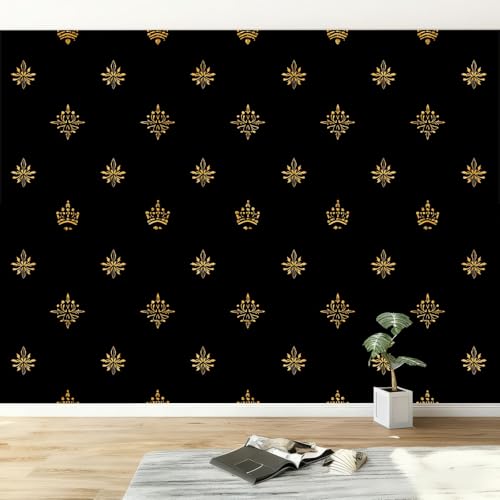 Papel Pintado Murales 400 x 280 cm Patrón De Corona De Estrella Simple Fotomurales Tejido No Tejido, Murales Fotográfico Moderno Decoración de Paredes para sala, Negro